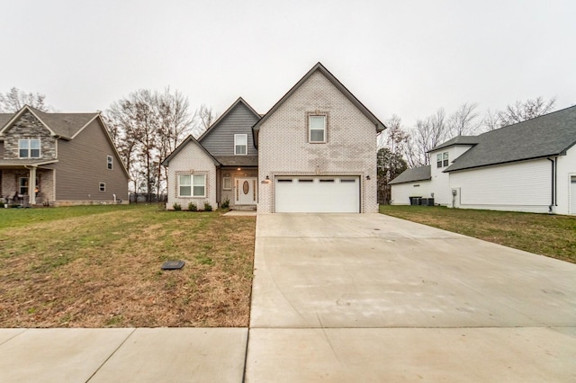 traditional-style home with driveway, a garage, a front lawn, and brick siding