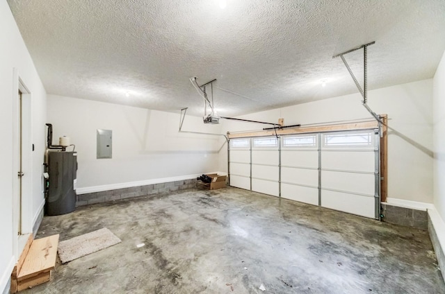 garage with a garage door opener, electric panel, and water heater