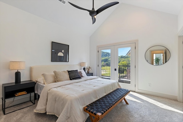 carpeted bedroom with french doors, access to outside, high vaulted ceiling, and ceiling fan