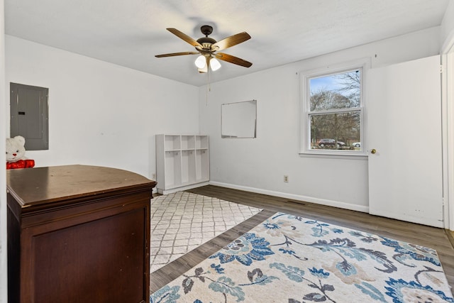 interior space featuring dark hardwood / wood-style floors, ceiling fan, and electric panel