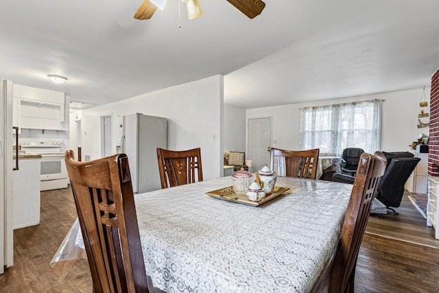 dining area featuring ceiling fan and dark wood-type flooring