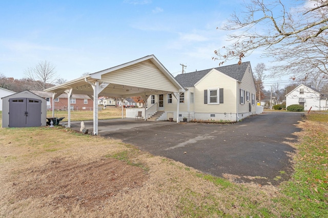 exterior space with a shed