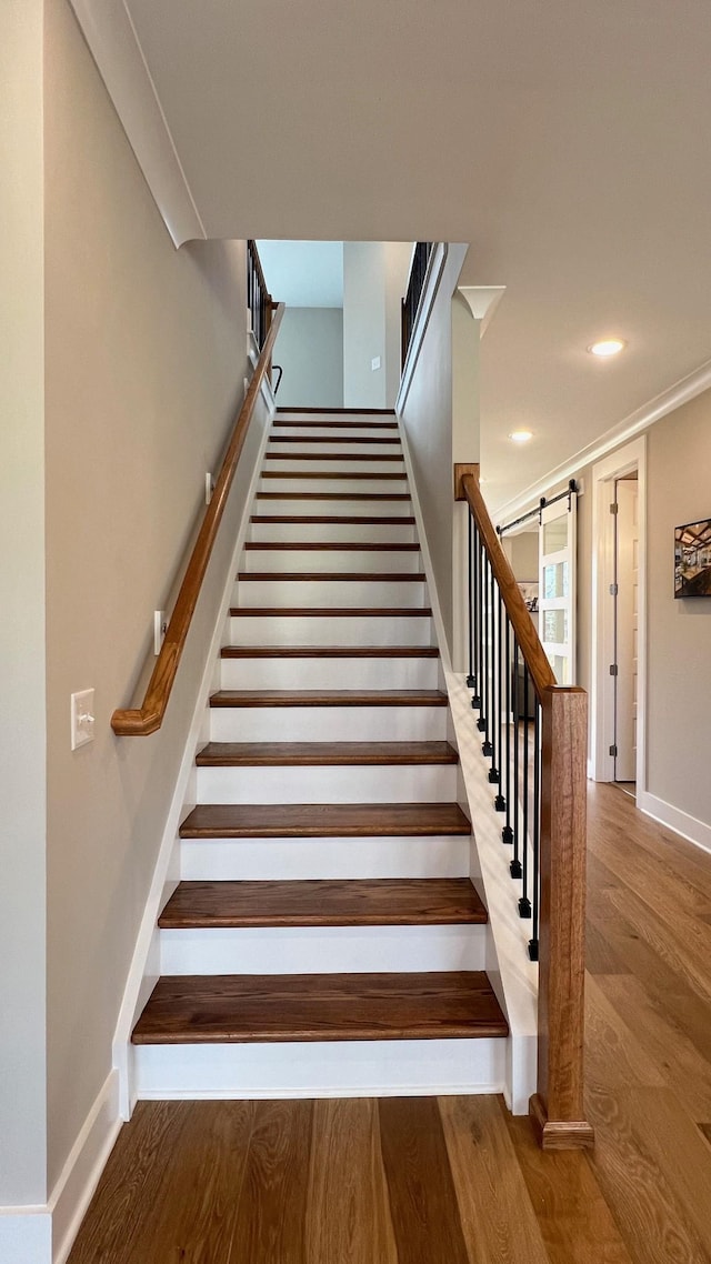 1510 Frye Rd, Columbia, TN 38401 - staircase with a barn door, wood finished floors, recessed lighting, and ornamental molding