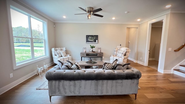 living room featuring a wealth of natural light, ornamental molding, and hardwood / wood-style flooring