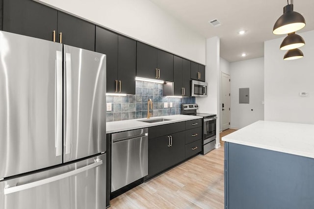 kitchen featuring decorative backsplash, light wood-type flooring, stainless steel appliances, sink, and pendant lighting