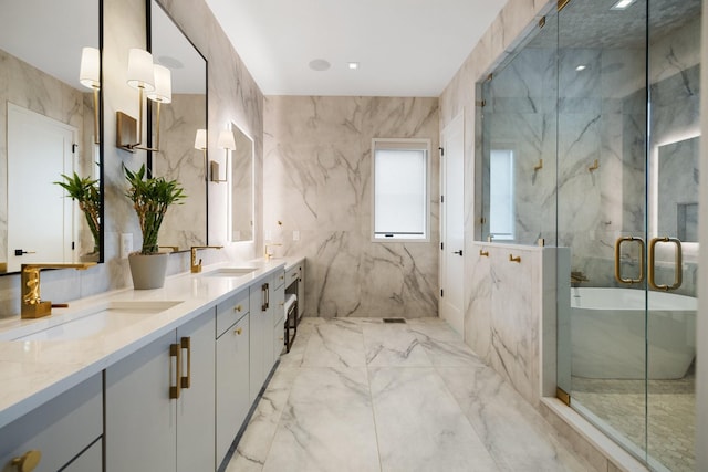 bathroom with vanity, tile walls, and plus walk in shower