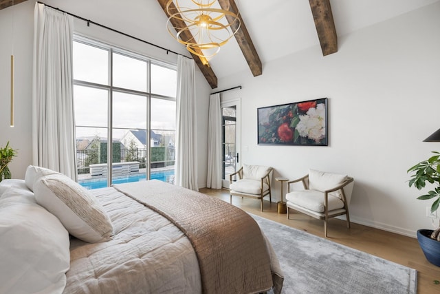 bedroom featuring access to outside, lofted ceiling with beams, and wood-type flooring