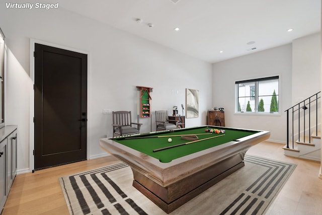 recreation room with billiards, light wood-style flooring, and recessed lighting