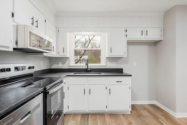 kitchen with white cabinets, sink, appliances with stainless steel finishes, and light hardwood / wood-style flooring