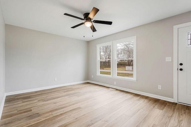 empty room featuring ceiling fan and light hardwood / wood-style floors