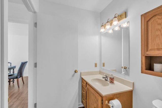 bathroom with hardwood / wood-style floors and vanity