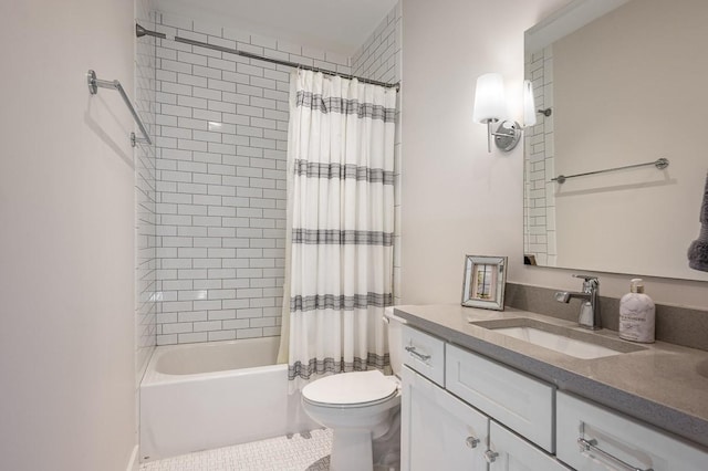 full bathroom featuring shower / bath combination with curtain, vanity, and toilet