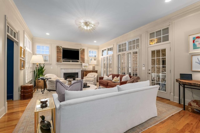 living room with light hardwood / wood-style floors and crown molding