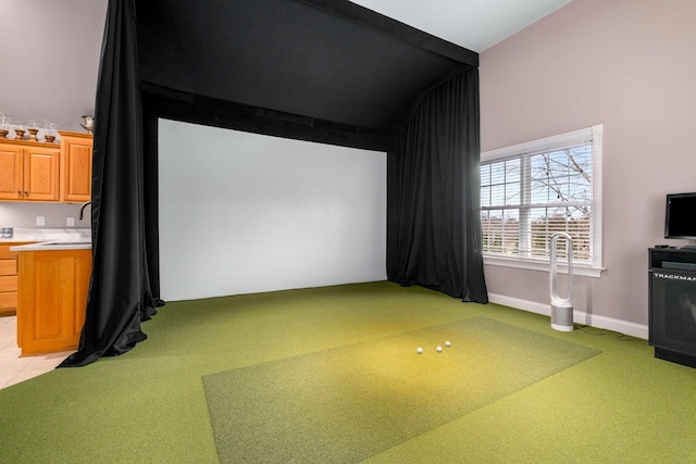 rec room with golf simulator, sink, and light colored carpet