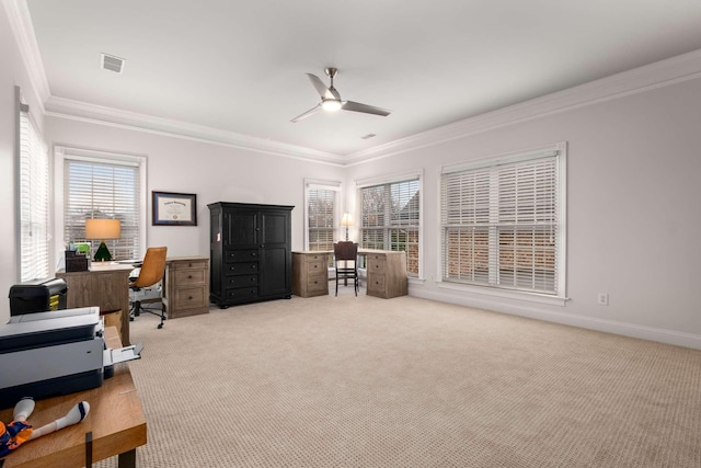 office area featuring carpet flooring, crown molding, and ceiling fan