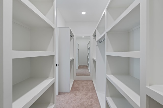 spacious closet featuring light colored carpet