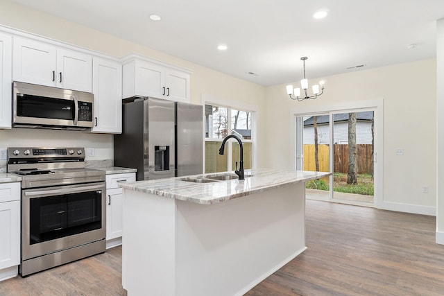 kitchen featuring white cabinetry, sink, hanging light fixtures, stainless steel appliances, and an island with sink