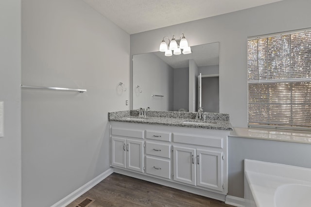 bathroom with hardwood / wood-style floors, vanity, a bathtub, and a textured ceiling