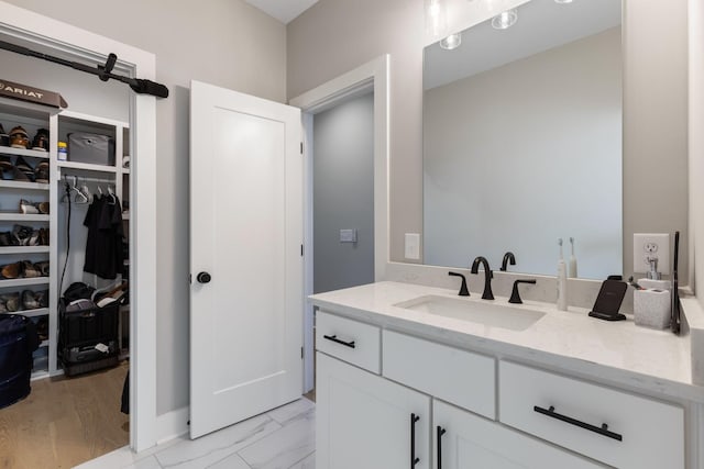 bathroom with hardwood / wood-style floors and vanity