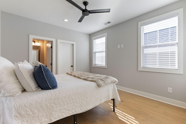 bedroom featuring ceiling fan and wood-type flooring