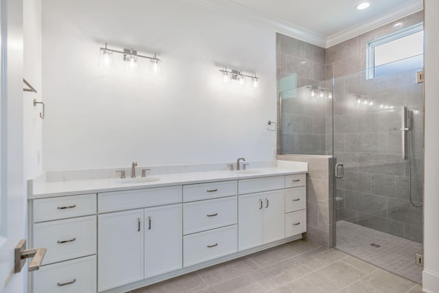7085 Bolton St, Franklin, TN 37064 - bathroom featuring a shower stall, double vanity, crown molding, and tile patterned flooring