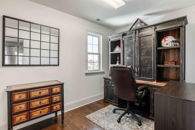 office space featuring dark hardwood / wood-style flooring