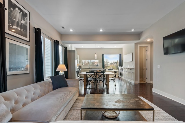 living room featuring dark hardwood / wood-style flooring and a healthy amount of sunlight