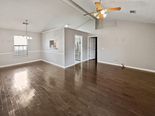 spare room featuring dark wood-type flooring, visible vents, vaulted ceiling with beams, and baseboards