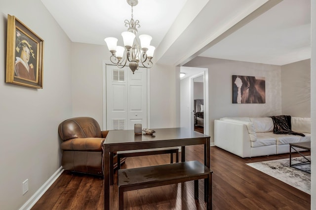 dining room featuring dark hardwood / wood-style flooring and an inviting chandelier