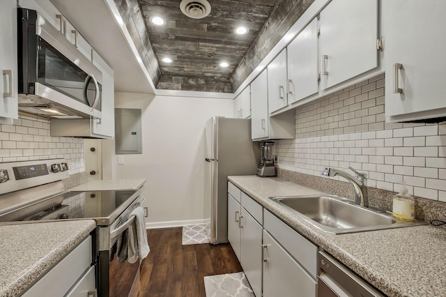 kitchen featuring stainless steel appliances, dark wood-type flooring, sink, electric panel, and white cabinetry