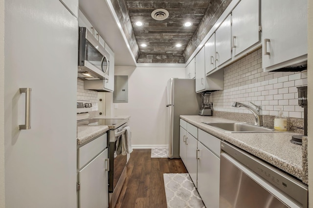 kitchen featuring white cabinets, dark hardwood / wood-style flooring, stainless steel appliances, and sink