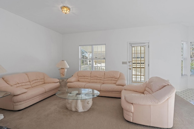 living room featuring carpet flooring and a healthy amount of sunlight