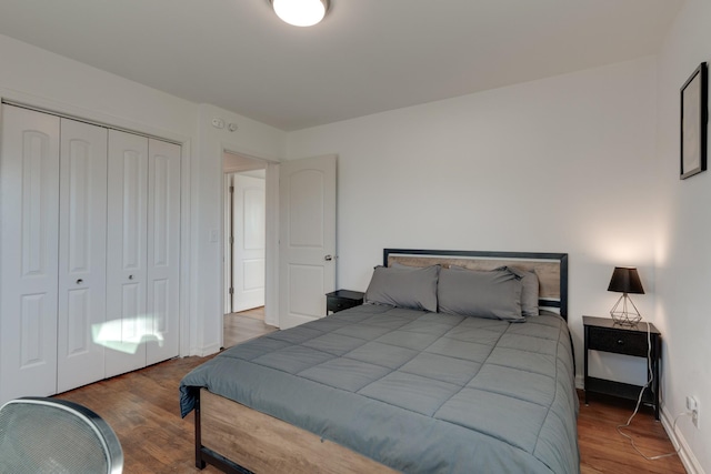 bedroom featuring wood-type flooring and a closet