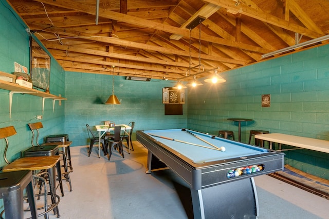 game room with lofted ceiling with beams and pool table