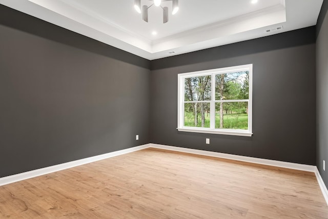 empty room featuring a tray ceiling and light hardwood / wood-style floors