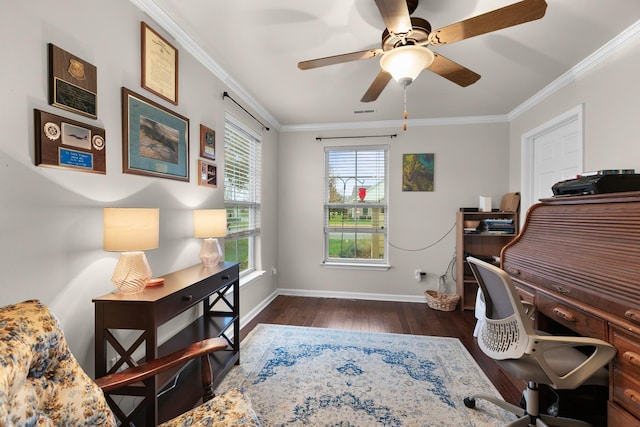 office space with ceiling fan, ornamental molding, and dark hardwood / wood-style floors