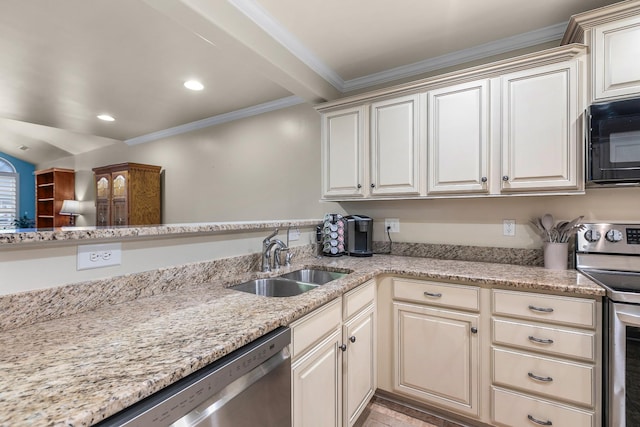 kitchen with stainless steel appliances, ornamental molding, sink, and beamed ceiling