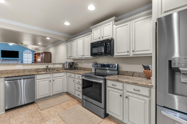 kitchen featuring appliances with stainless steel finishes, sink, white cabinets, crown molding, and light stone countertops