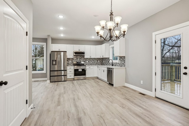 kitchen featuring white cabinets, a healthy amount of sunlight, stainless steel appliances, and hanging light fixtures