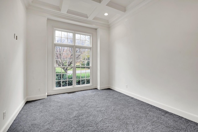 carpeted empty room featuring beam ceiling, crown molding, and coffered ceiling