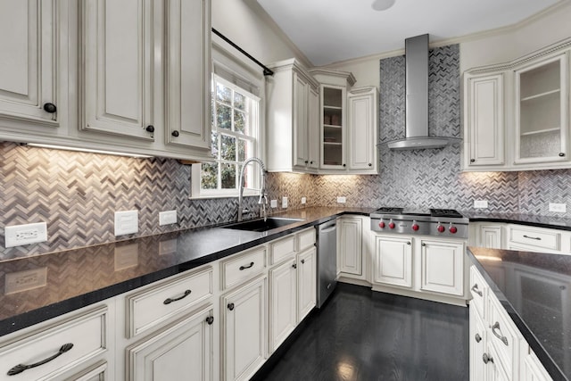 kitchen featuring decorative backsplash, wall chimney exhaust hood, crown molding, sink, and white cabinetry