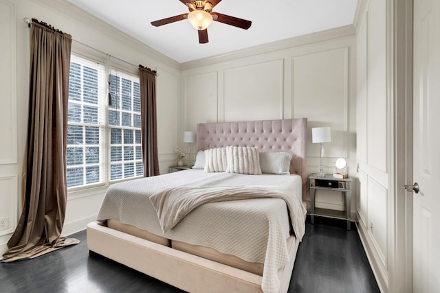 bedroom featuring multiple windows, ceiling fan, and dark hardwood / wood-style floors