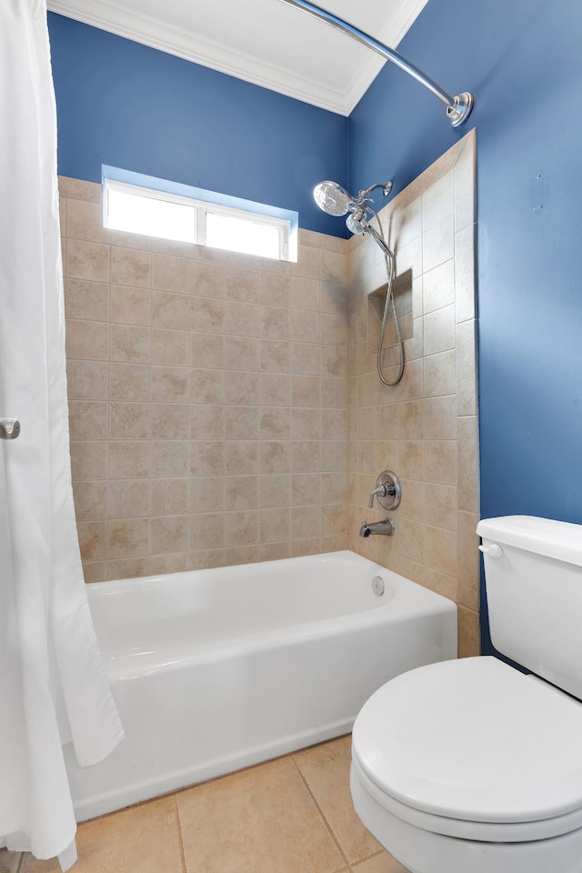 bathroom featuring tile patterned flooring, shower / bath combo with shower curtain, toilet, and ornamental molding