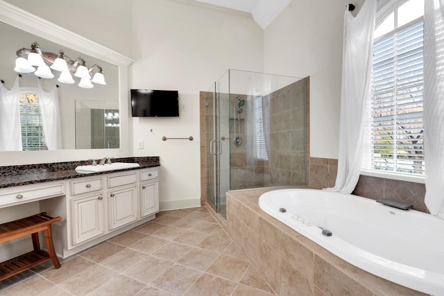 bathroom featuring tile patterned flooring, vanity, ornamental molding, and shower with separate bathtub