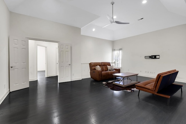 sitting room featuring ceiling fan and dark hardwood / wood-style flooring