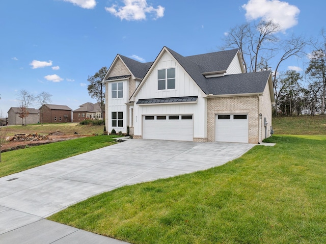 517 Matthew Miller Dr, Smyrna, TN 37167 - modern farmhouse featuring concrete driveway, a standing seam roof, a front yard, and board and batten siding