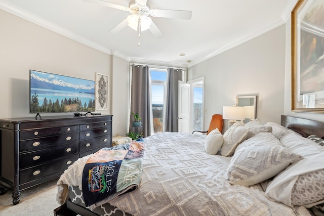 bedroom with light colored carpet, ceiling fan, and crown molding