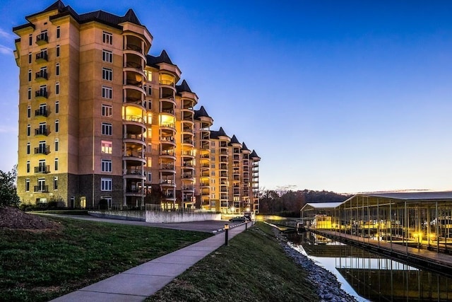 outdoor building at dusk with a water view