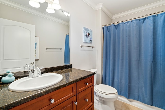 bathroom featuring tile patterned flooring, vanity, toilet, and ornamental molding