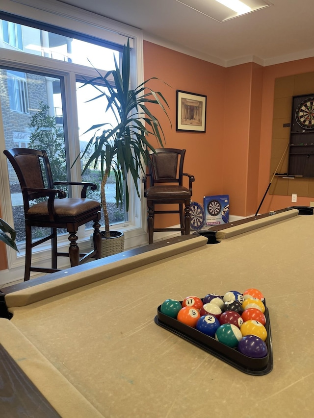 rec room featuring ornamental molding and pool table